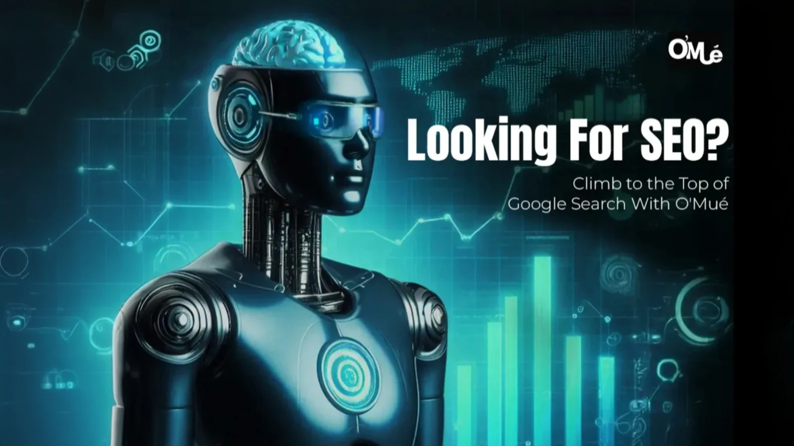 AI robot with digital chart graphics and text reading "Looking For SEO?" by O'Mué.