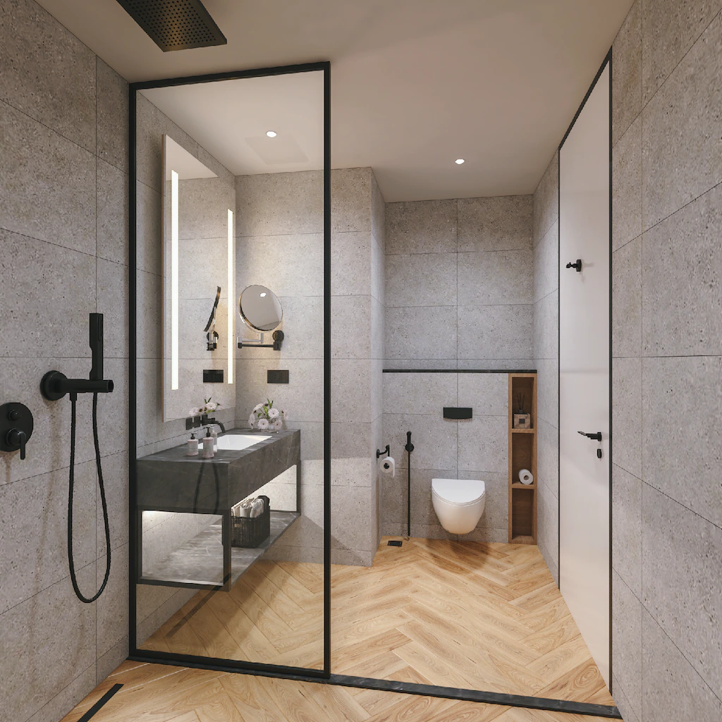 Contemporary hotel bathroom with glass shower enclosure, modern vanity mirror, and wall-hung toilet.