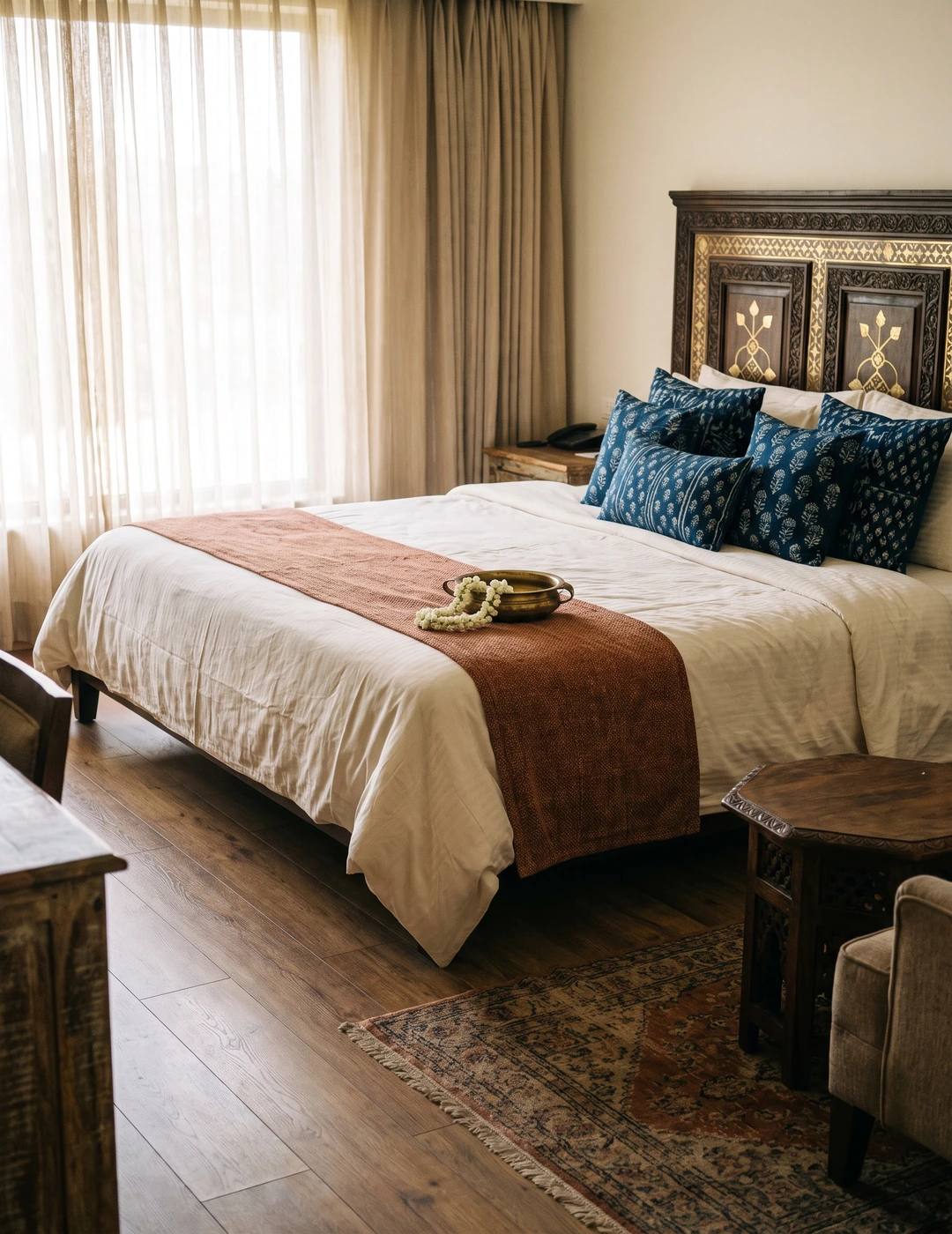 Traditional luxury hotel bedroom featuring ornate wooden headboard, printed blue cushions, and hardwood floor.