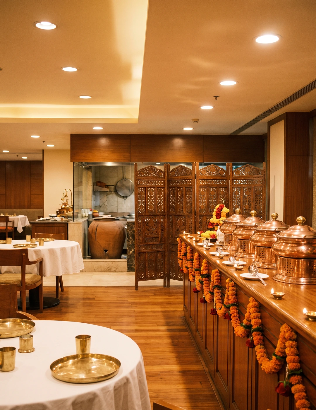 Traditional Indian hotel restaurant buffet setup with brass chaffing dishes and wooden accents.