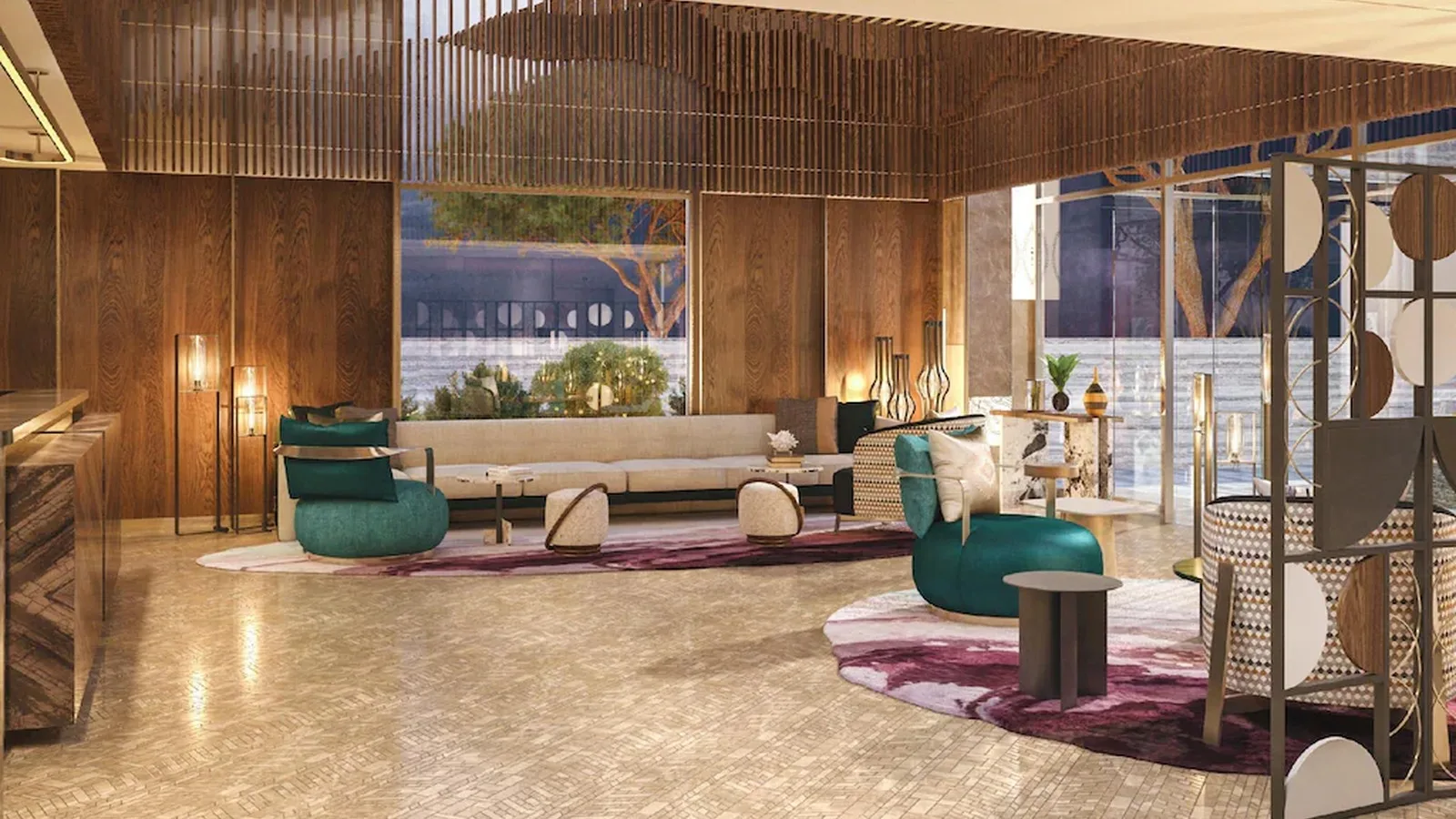 Luxury hotel lobby interior featuring teal accent chairs, wooden paneling, and marble flooring.