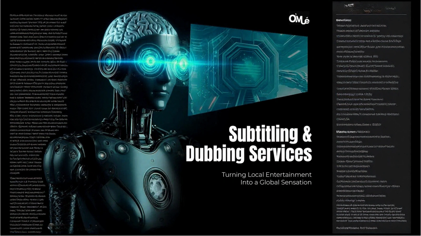 Metallic AI robot with text reading "Subtitling & Dubbing Services" by O'Mué.