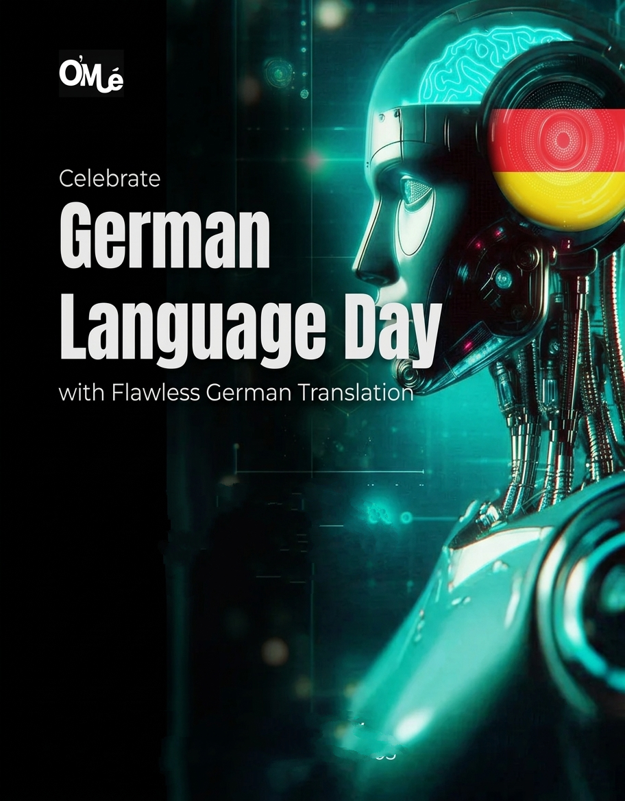 Robot with a German flag overlay and text celebrating "German Language Day."