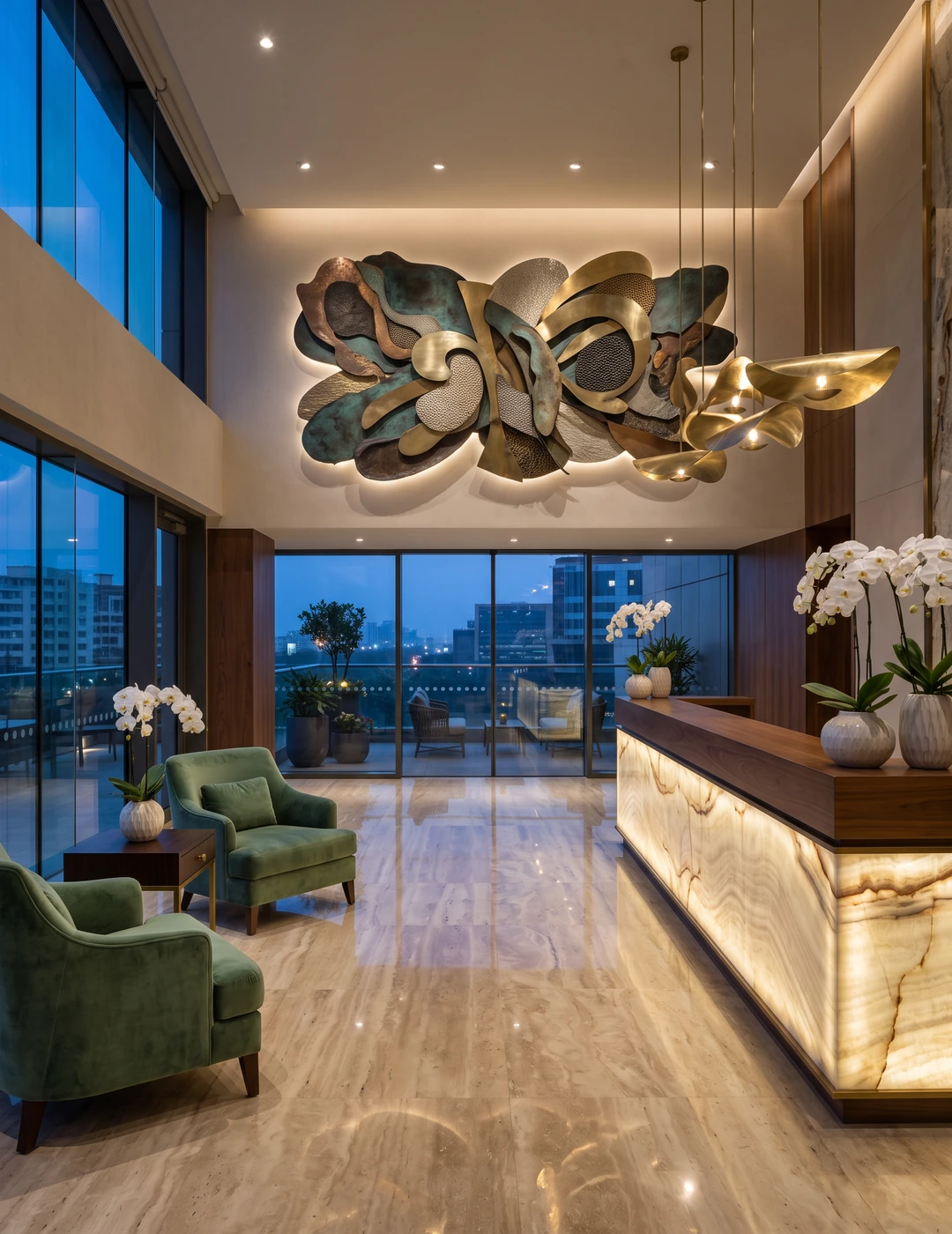 Modern luxury hotel lobby reception desk with glowing marble lighting, abstract wall sculpture, and seating.