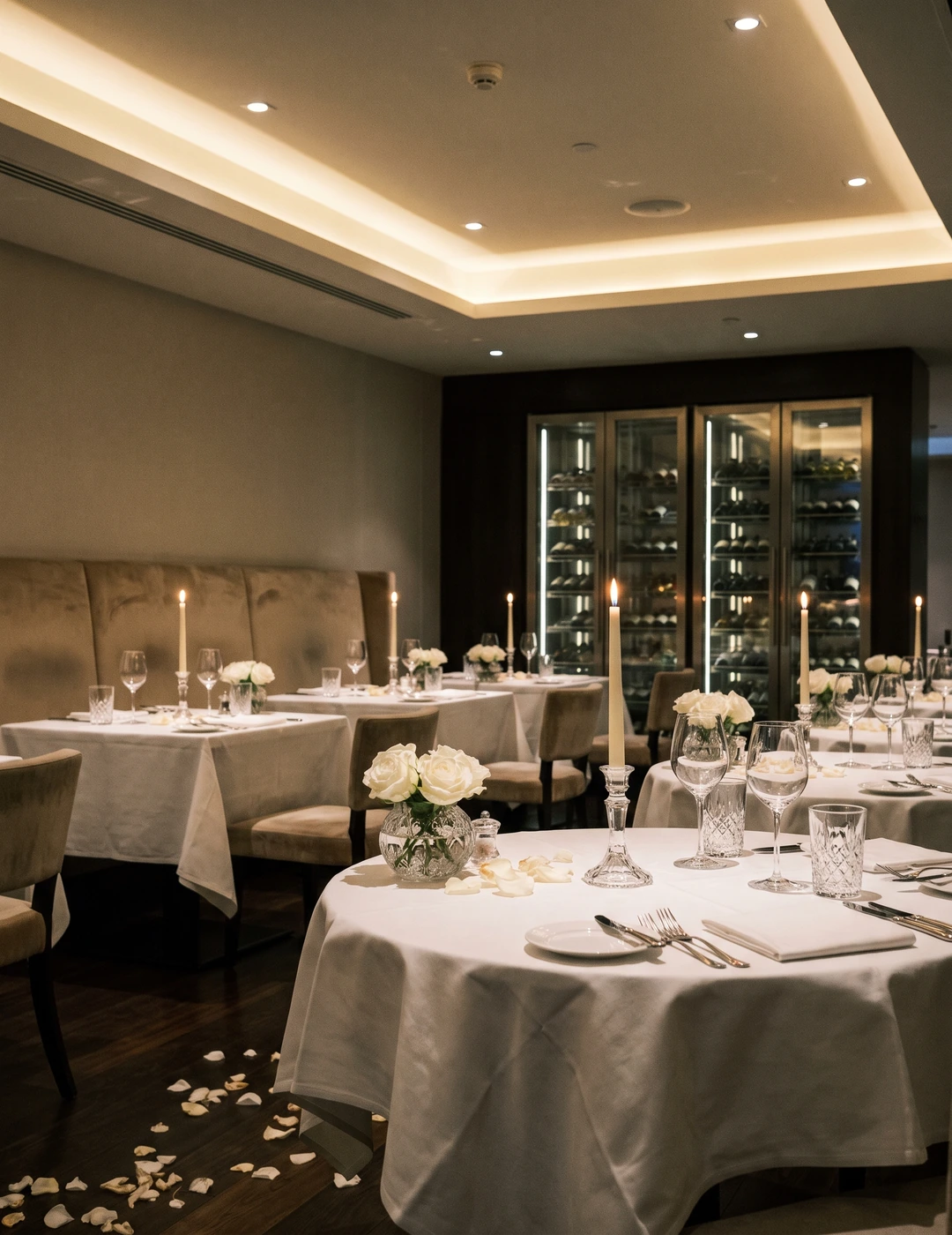 Fine dining restaurant setup at luxury hotel featuring candlelit tables, white roses, and wine display.