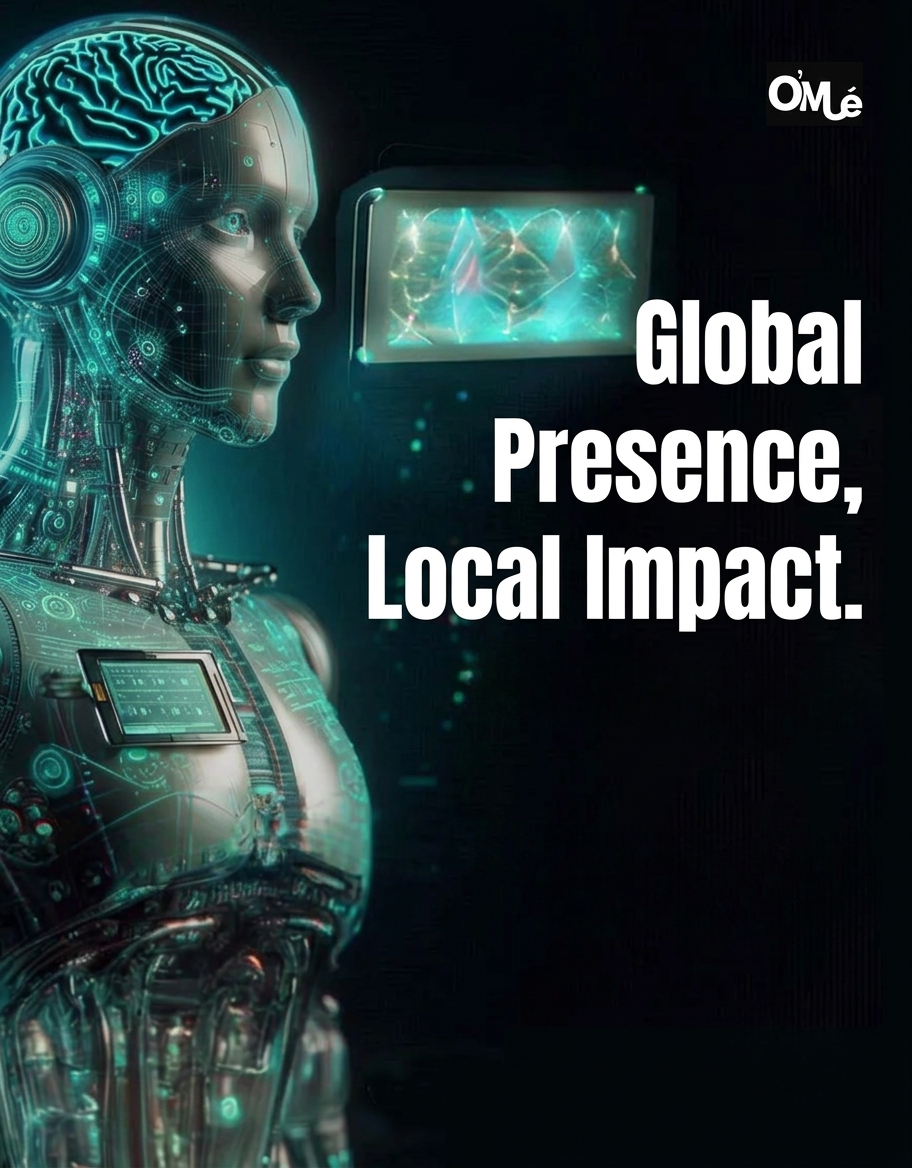 Futuristic robot graphic with text reading "Global Presence, Local Impact."