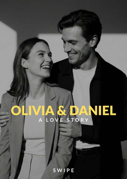 Black and white portrait of a smiling couple titled "Olivia & Daniel: A Love Story."
