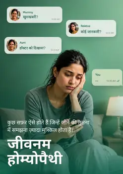 Worried woman looking at chat messages about pregnancy pressure, with Jeevnum Homeopathy branding for emotional fertility support.