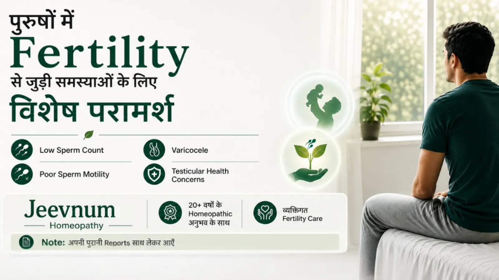 Man sitting thoughtfully in an office for Jeevnum Homeopathy male fertility consultation addressing low sperm count and motility.