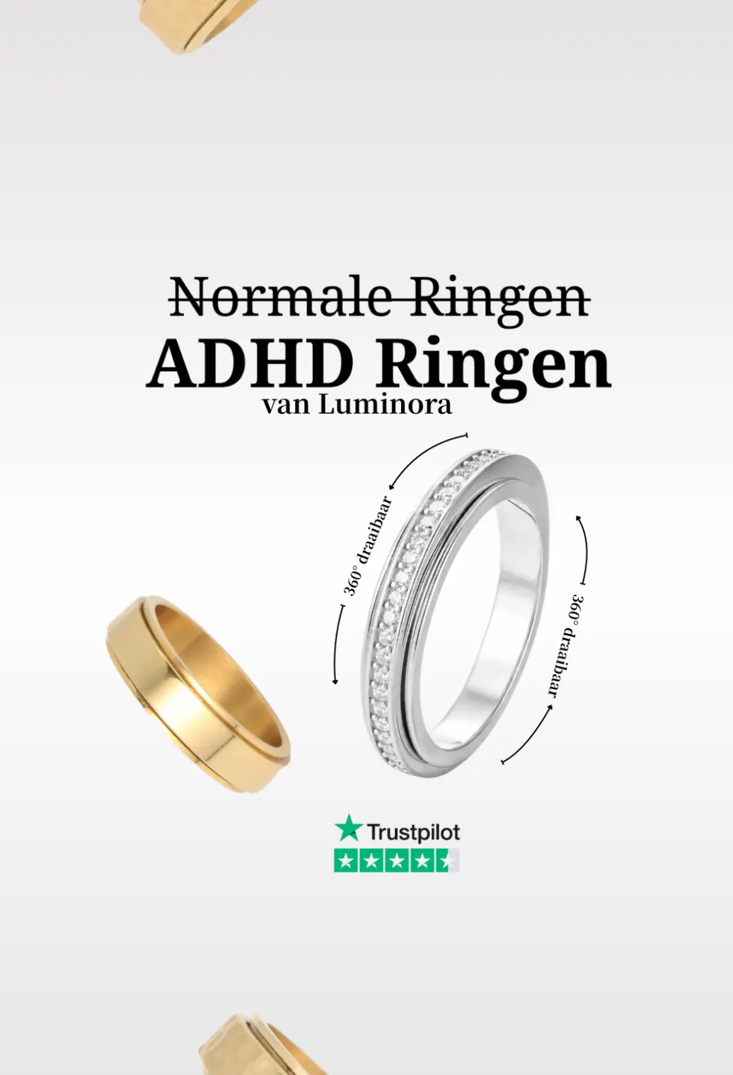 Silver ADHD anxiety ring with spinning outer band and Trustpilot review rating.