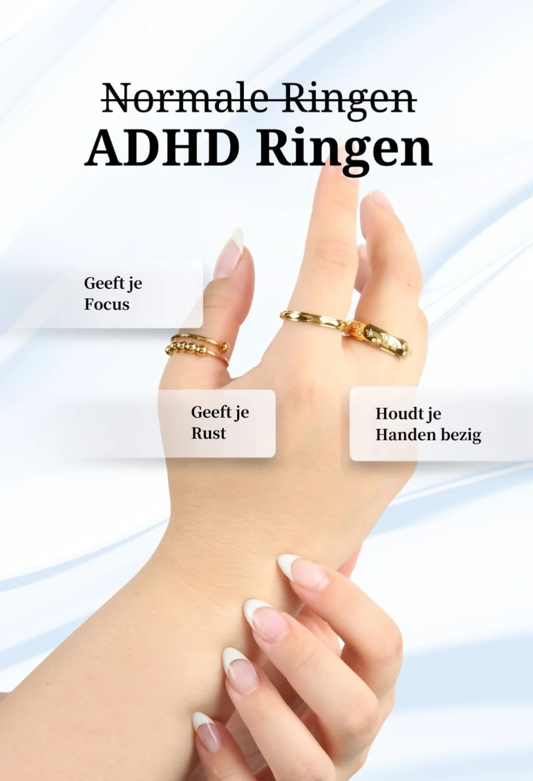 Hand wearing gold anti-anxiety fidget rings highlighting benefits for focus, stress relief, and busy hands.