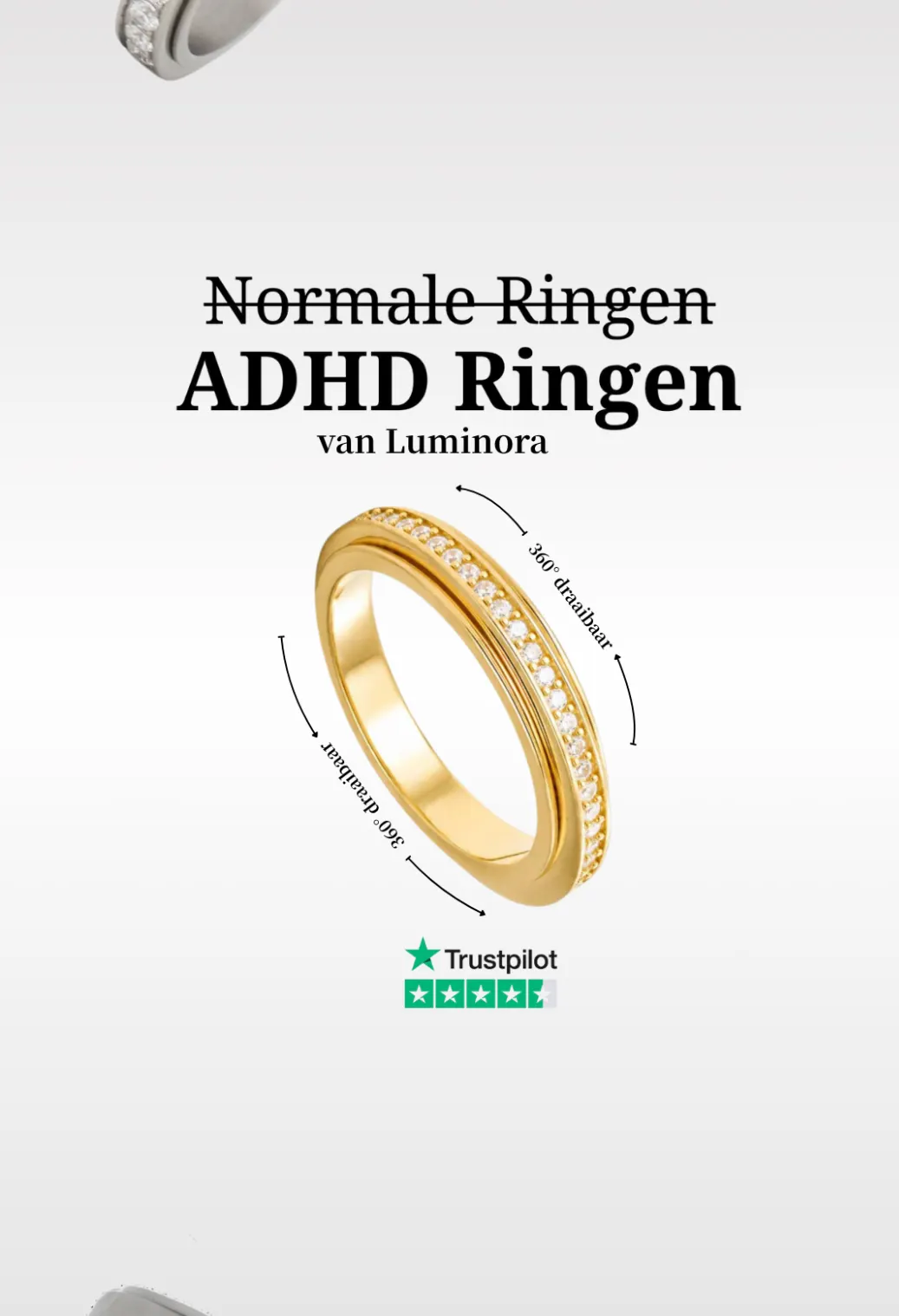 Gold ADHD fidget ring with 360-degree spinning band feature by Luminora.