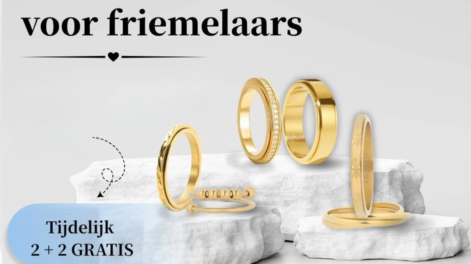 Gold anti-anxiety spinner rings display for fidgeting labeled "voor friemelaars" with 2+2 free deal by Luminora.