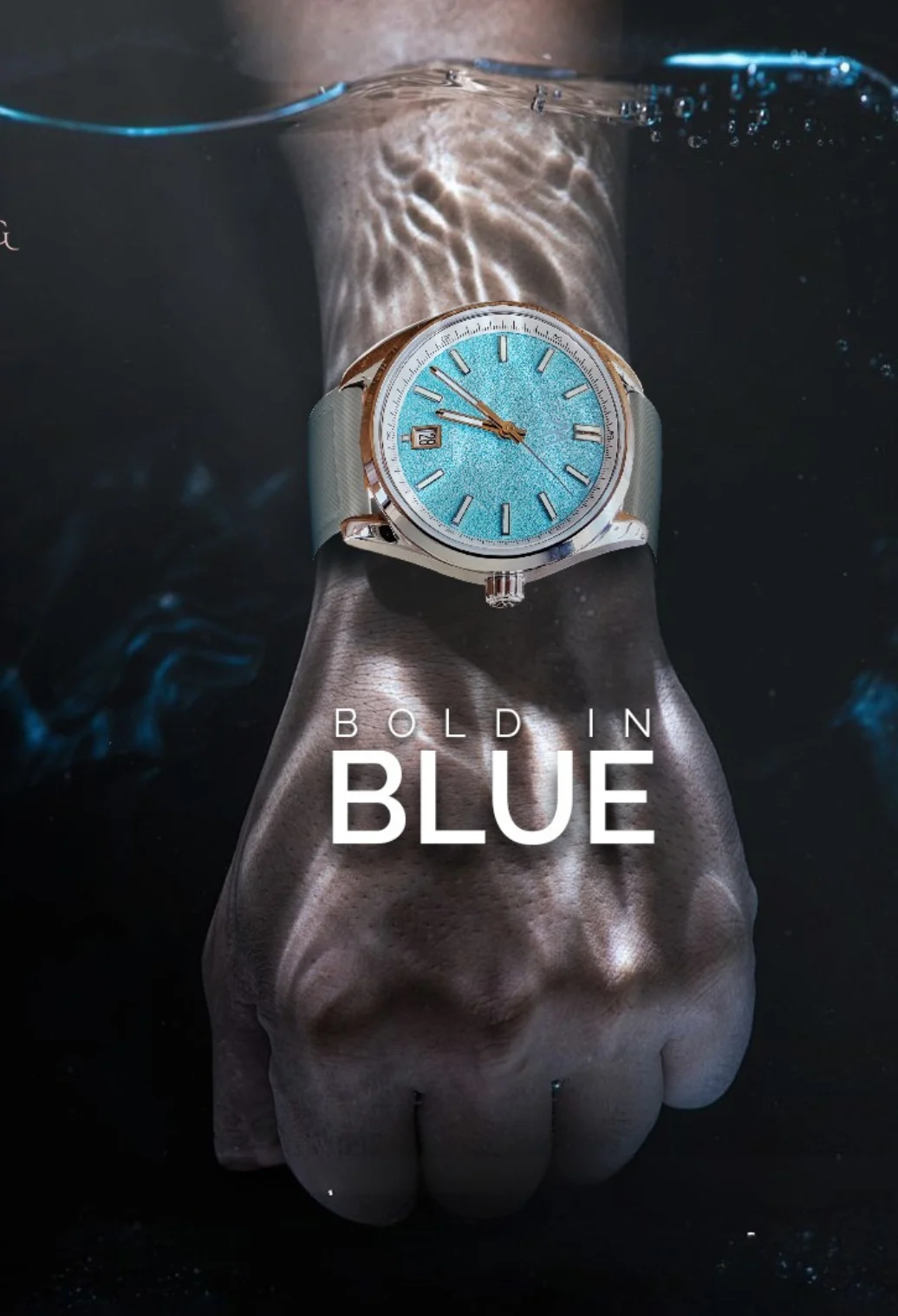 Water-resistant Meshberg watch with turquoise blue dial submerged underwater on a wrist, captioned "Bold in Blue."