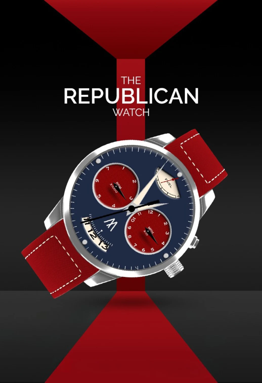 The Republican Watch" by Meshberg featuring a navy blue dial, red sub-dials, and red leather strap.