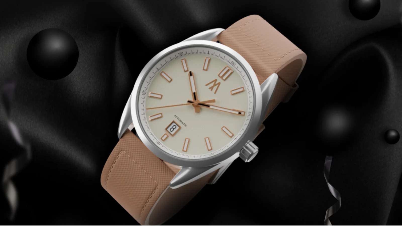 Meshberg men's luxury wristwatch with silver case, cream dial, and tan leather strap.