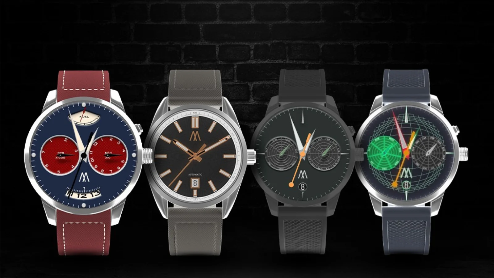 Collection of four Meshberg men's wristwatches in various dial colors and strap styles.