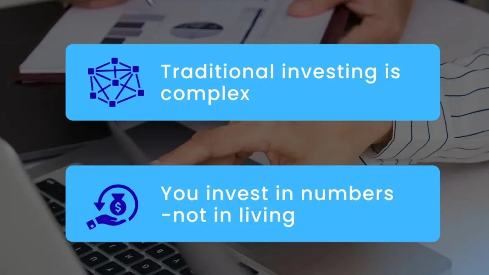 Person typing on a laptop keyboard with blue graphic overlays stating "Traditional investing is complex