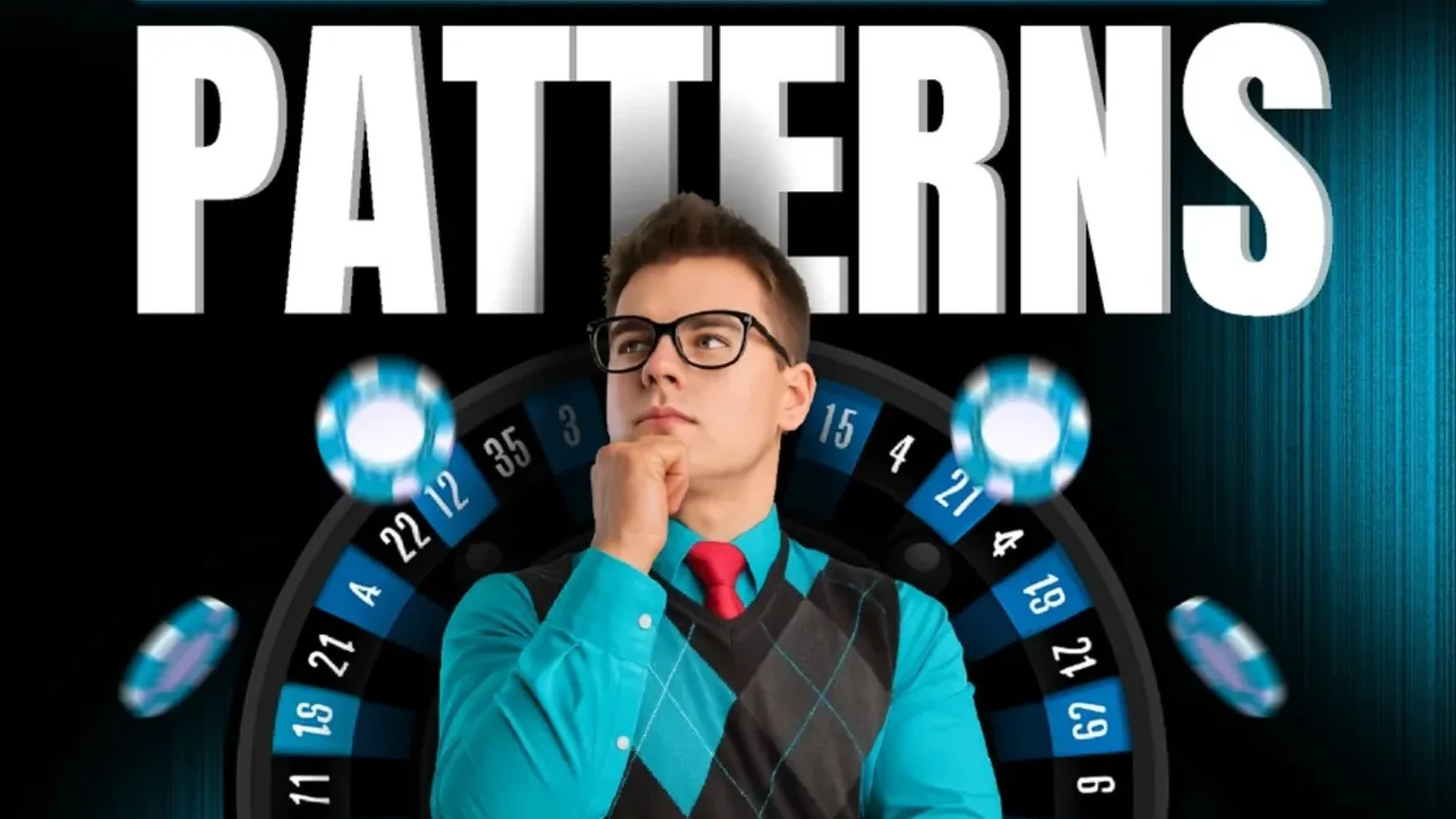 Man in glasses thinking thoughtfully in front of a roulette wheel with bold "Patterns" headline for Spinners P2P casino strategy.