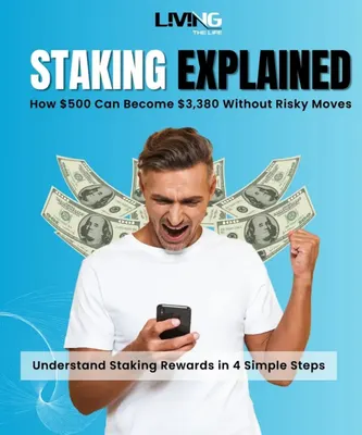Excited man holding smartphone surrounded by floating US dollar bills