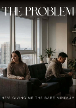 Distant couple sitting silently on a sofa, captioned "The Problem: He's giving me the bare minimum."