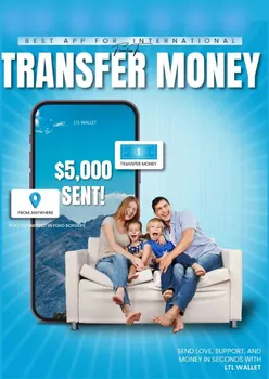 Smartphone app screen showing a $5,000 sent confirmation with a happy family on a couch, promoting international money transfer.