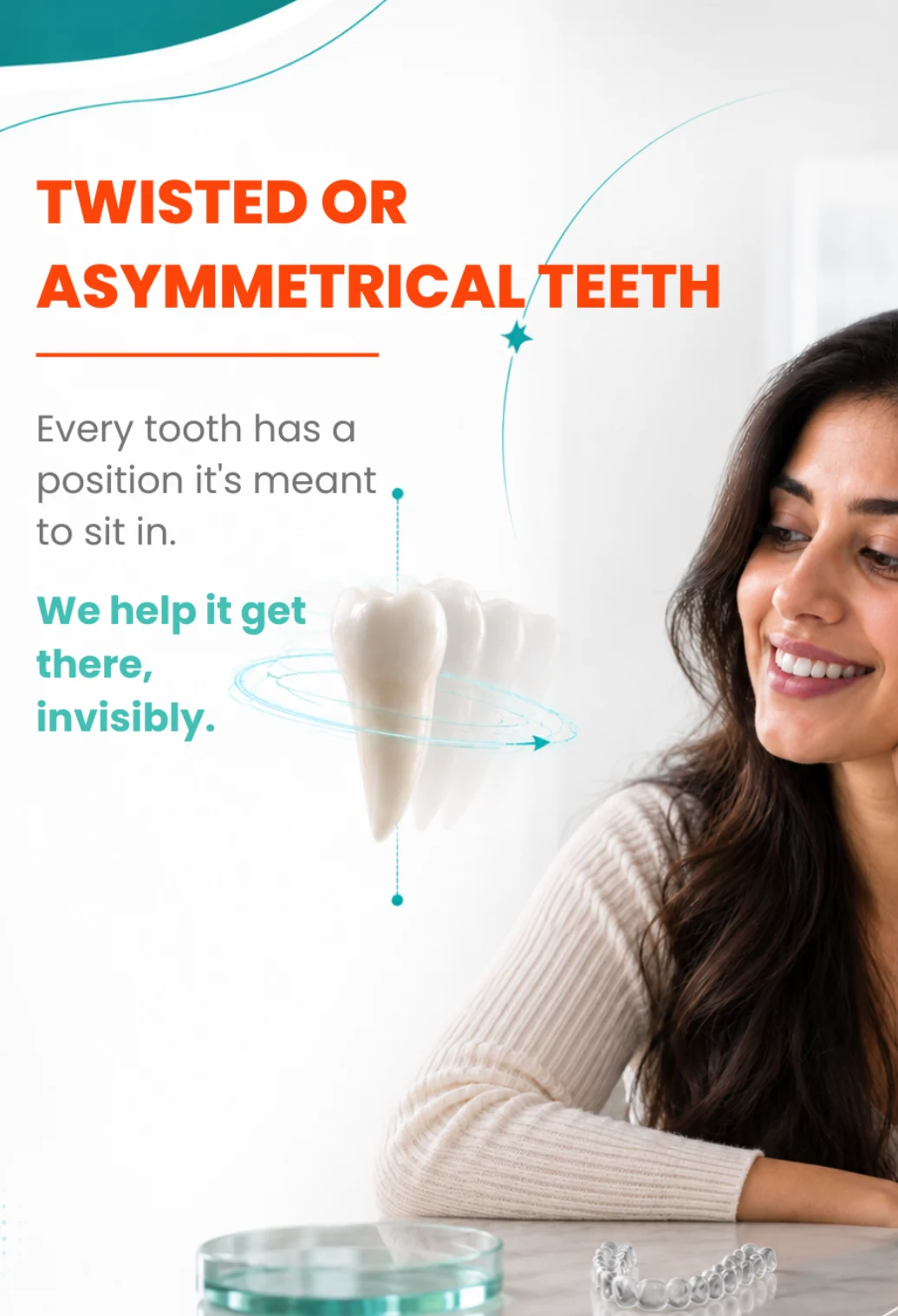 Woman smiling next to text explaining Invisalign treatment for twisted or asymmetrical teeth.